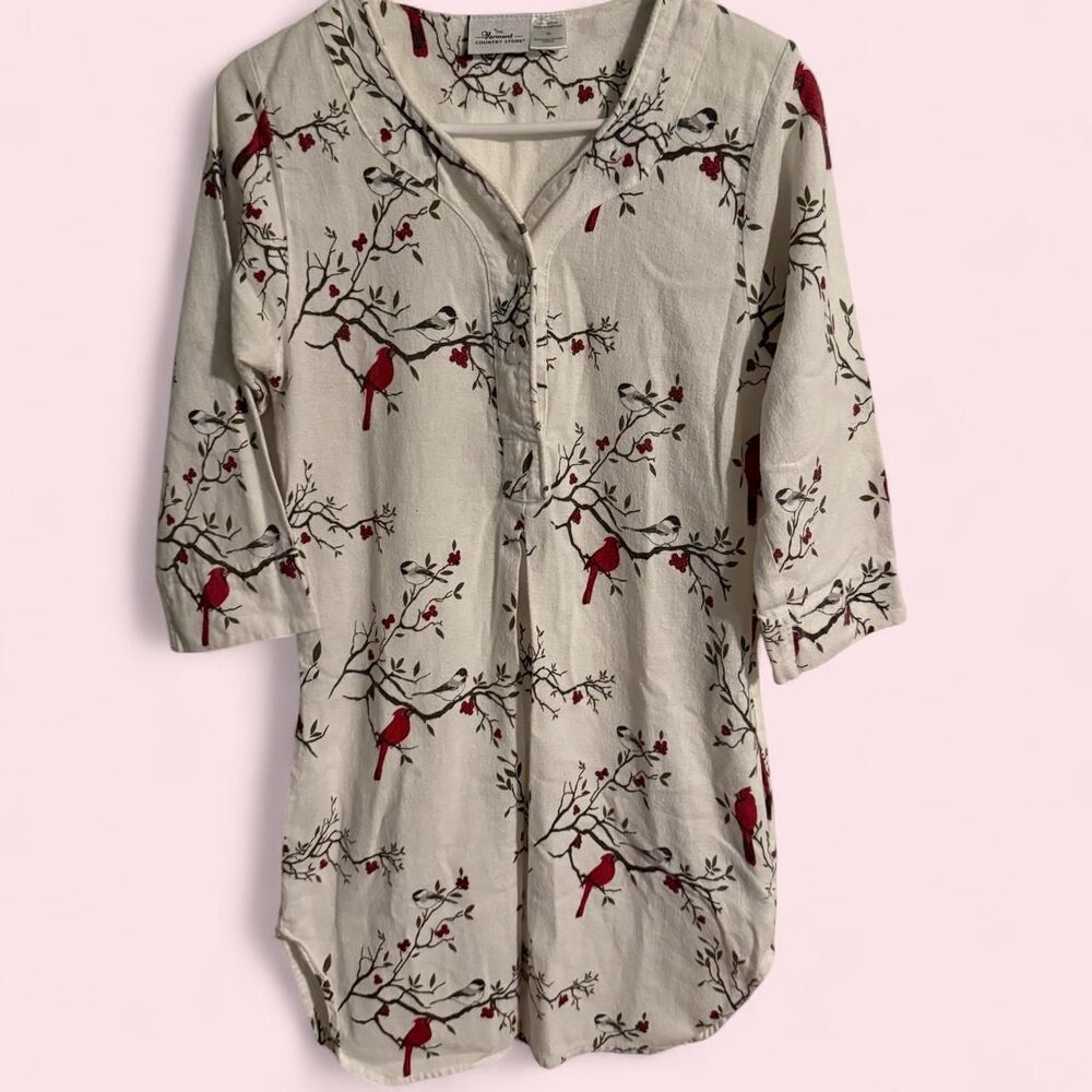 The Vermont Country Store Nightshirt Womens XS Flannel White Cardinal Bird